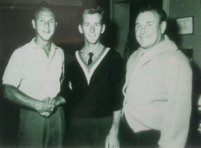 A young Arnold Palmer, left, with Vince Yanovitch, center, and Harry Obitz pictured at the Shawnee Inn and Golf Resort.